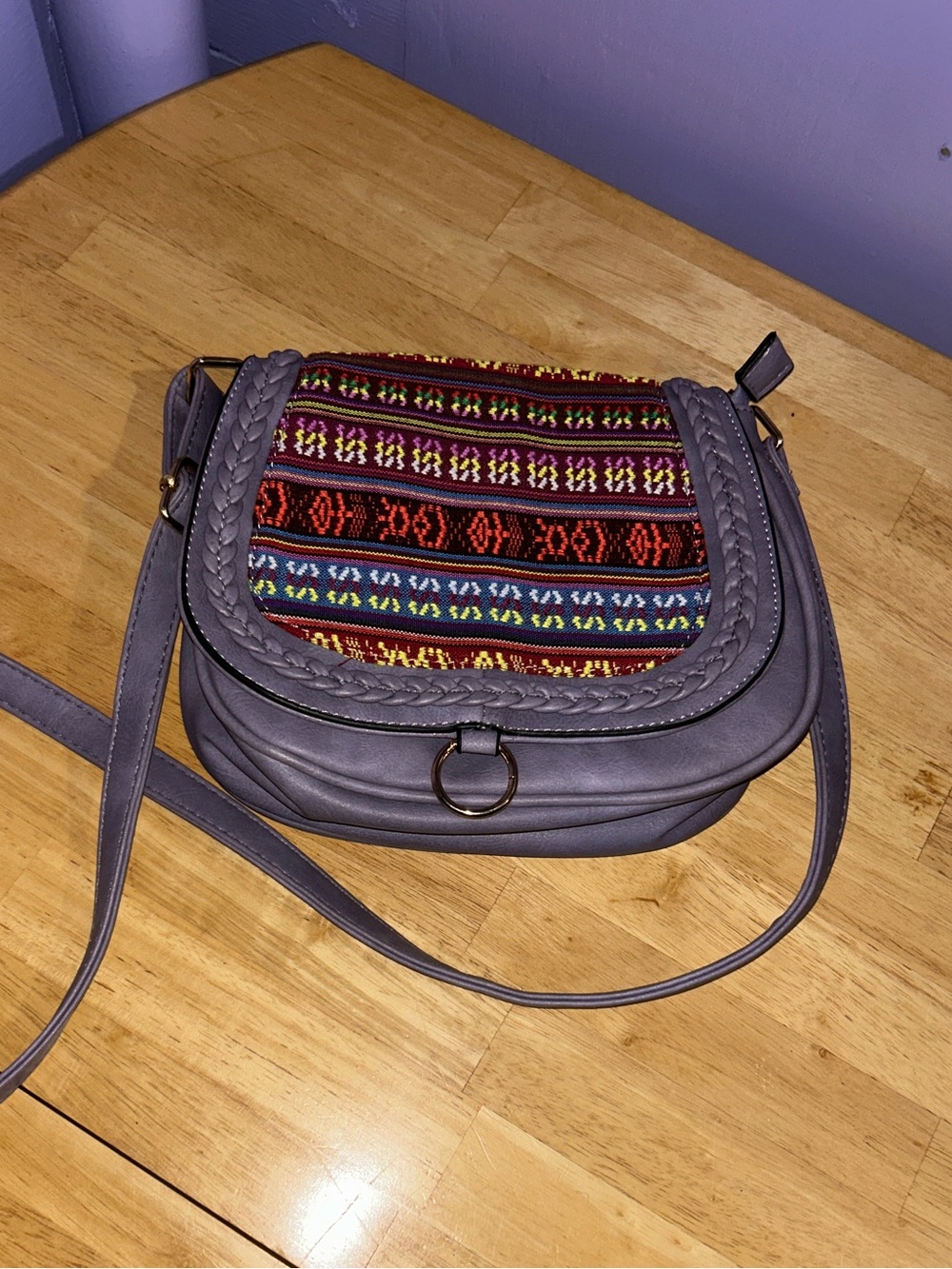 Lavender Crossbody Bag with Multicolor Woven Panel Boho Aztec
